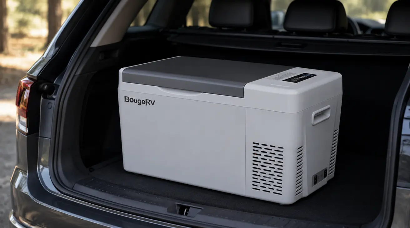 BougeRV CR22-size portable fridge positioned in a compact vehicle cargo area