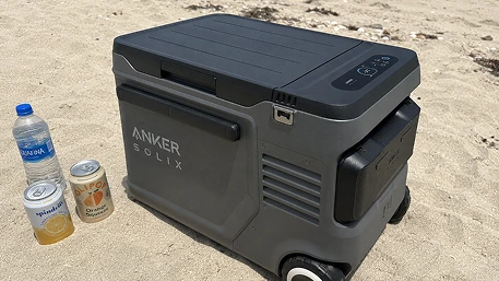 Anker SOLIX EverFrost 2 battery-powered portable cooler on a beach
