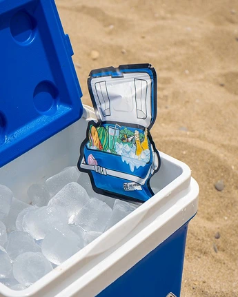 An open cooler packed with ice and drinks